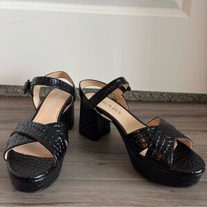 Prada black croc-embossed criss cross platform sandals